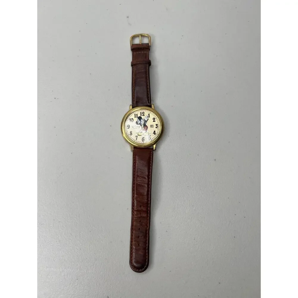 Disney Time Works Mickey Mouse Gold Toned Analog Watch Brown Leather
